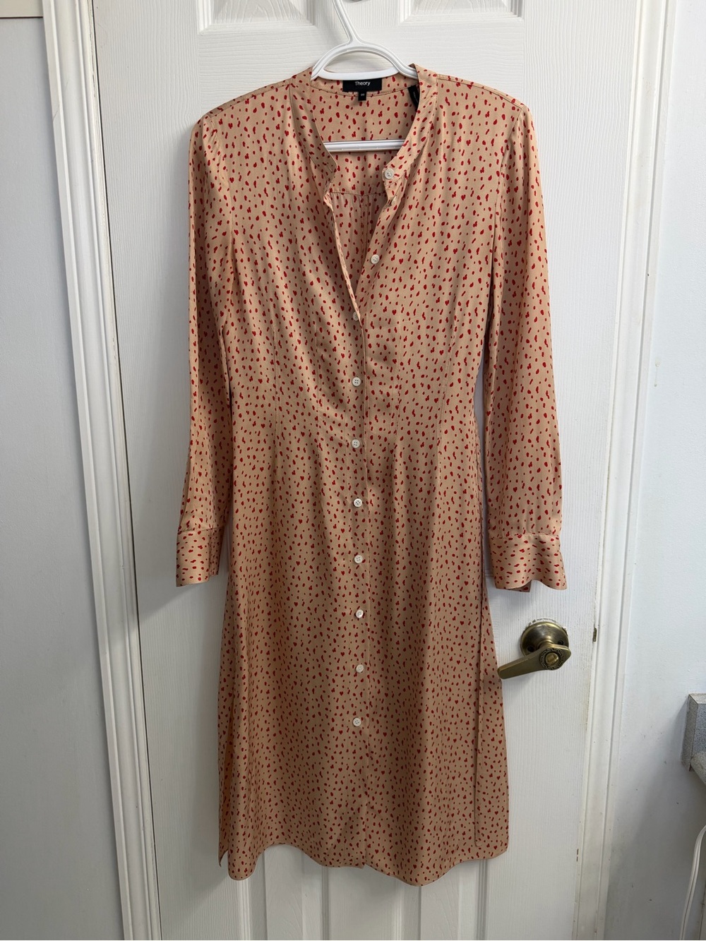 Theory Cream & Red Spring Dot Print Button-Front Midi Shirt Dress 00 - Picture 2 of 11